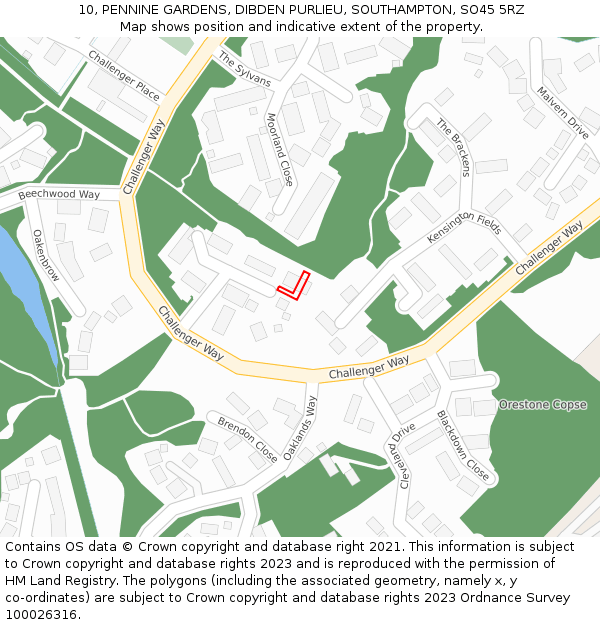 10, PENNINE GARDENS, DIBDEN PURLIEU, SOUTHAMPTON, SO45 5RZ: Location map and indicative extent of plot