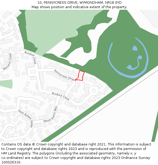 10, PENNYCRESS DRIVE, WYMONDHAM, NR18 0YD: Location map and indicative extent of plot