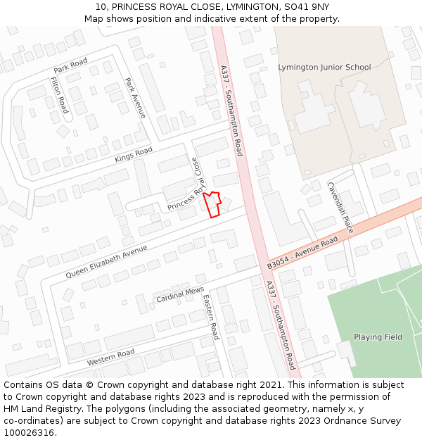 10, PRINCESS ROYAL CLOSE, LYMINGTON, SO41 9NY: Location map and indicative extent of plot