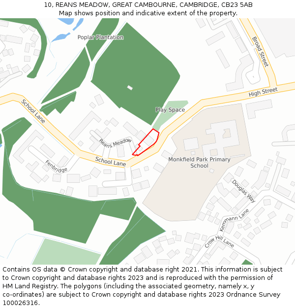 10, REANS MEADOW, GREAT CAMBOURNE, CAMBRIDGE, CB23 5AB: Location map and indicative extent of plot