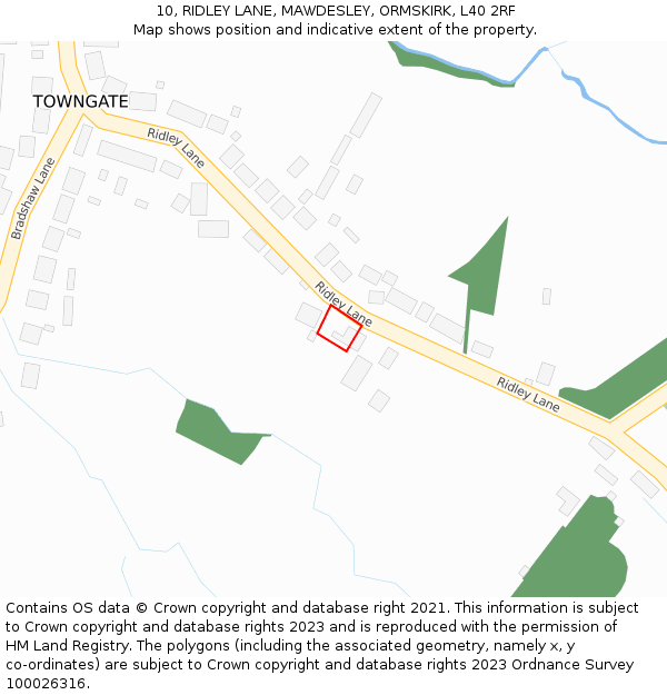 10, RIDLEY LANE, MAWDESLEY, ORMSKIRK, L40 2RF: Location map and indicative extent of plot