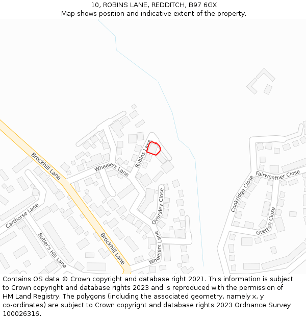 10, ROBINS LANE, REDDITCH, B97 6GX: Location map and indicative extent of plot