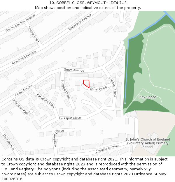 10, SORREL CLOSE, WEYMOUTH, DT4 7UF: Location map and indicative extent of plot