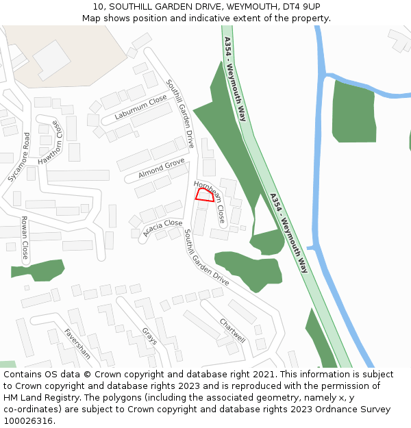 10, SOUTHILL GARDEN DRIVE, WEYMOUTH, DT4 9UP: Location map and indicative extent of plot