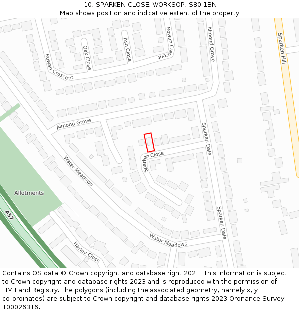 10, SPARKEN CLOSE, WORKSOP, S80 1BN: Location map and indicative extent of plot