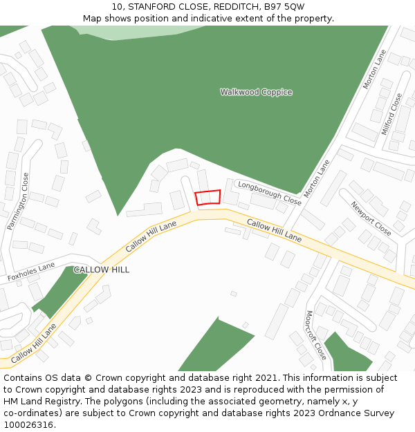 10, STANFORD CLOSE, REDDITCH, B97 5QW: Location map and indicative extent of plot