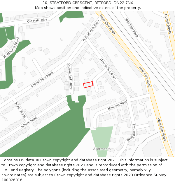 10, STRATFORD CRESCENT, RETFORD, DN22 7NX: Location map and indicative extent of plot