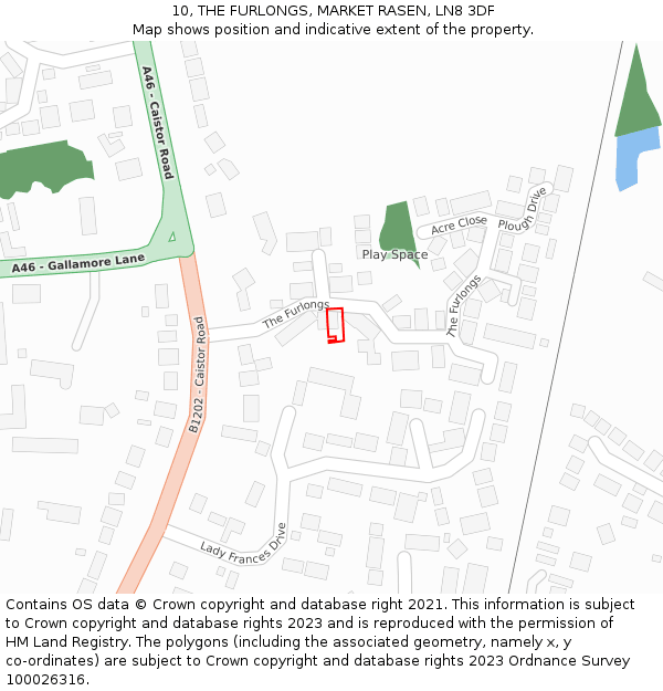 10, THE FURLONGS, MARKET RASEN, LN8 3DF: Location map and indicative extent of plot