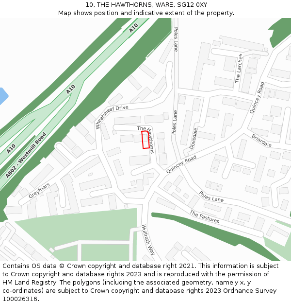 10, THE HAWTHORNS, WARE, SG12 0XY: Location map and indicative extent of plot