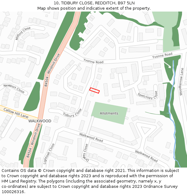 10, TIDBURY CLOSE, REDDITCH, B97 5LN: Location map and indicative extent of plot