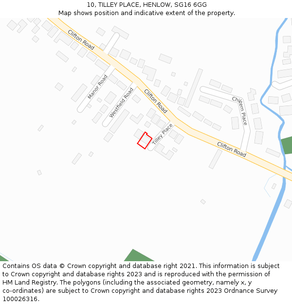 10, TILLEY PLACE, HENLOW, SG16 6GG: Location map and indicative extent of plot