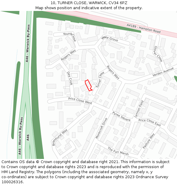 10, TURNER CLOSE, WARWICK, CV34 6PZ: Location map and indicative extent of plot