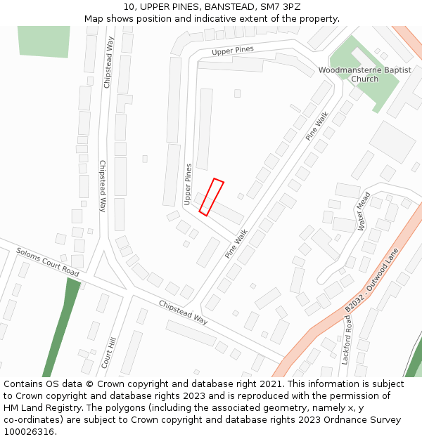 10, UPPER PINES, BANSTEAD, SM7 3PZ: Location map and indicative extent of plot