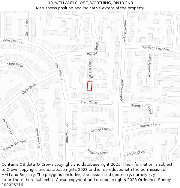 10, WELLAND CLOSE, WORTHING, BN13 3NR: Location map and indicative extent of plot