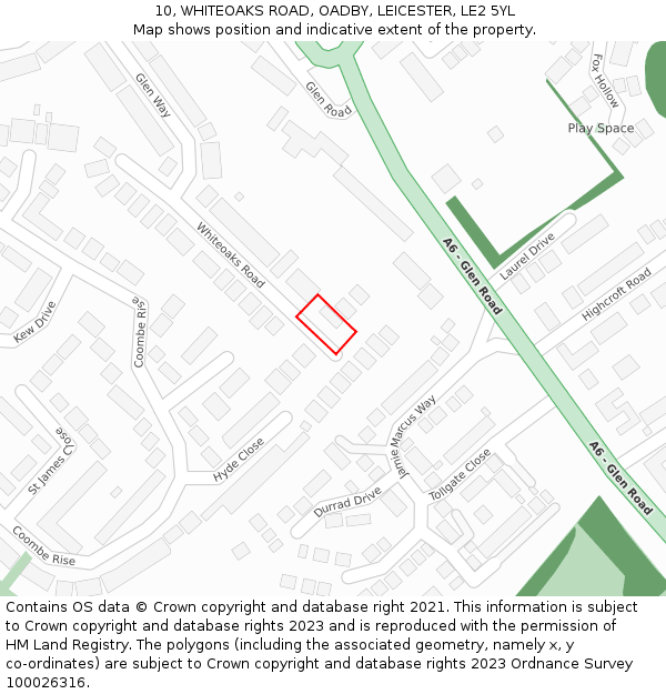 10, WHITEOAKS ROAD, OADBY, LEICESTER, LE2 5YL: Location map and indicative extent of plot