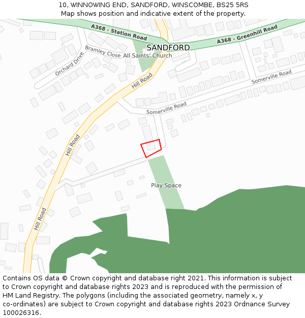 10, WINNOWING END, SANDFORD, WINSCOMBE, BS25 5RS: Location map and indicative extent of plot