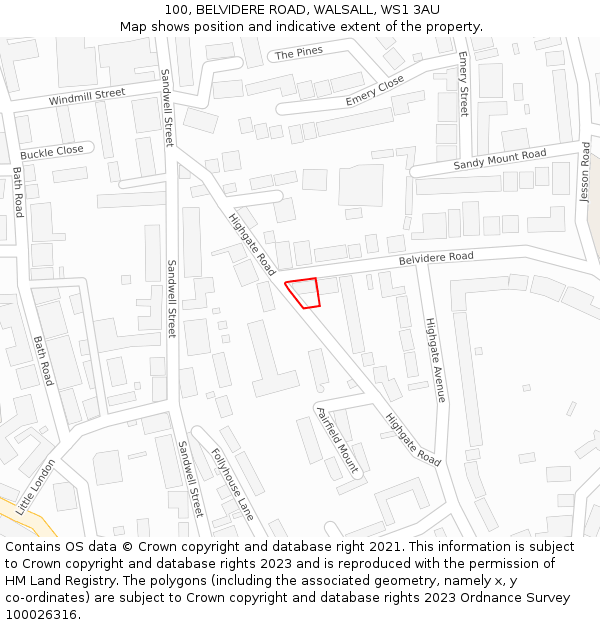 100, BELVIDERE ROAD, WALSALL, WS1 3AU: Location map and indicative extent of plot