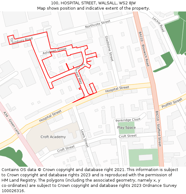 100, HOSPITAL STREET, WALSALL, WS2 8JW: Location map and indicative extent of plot
