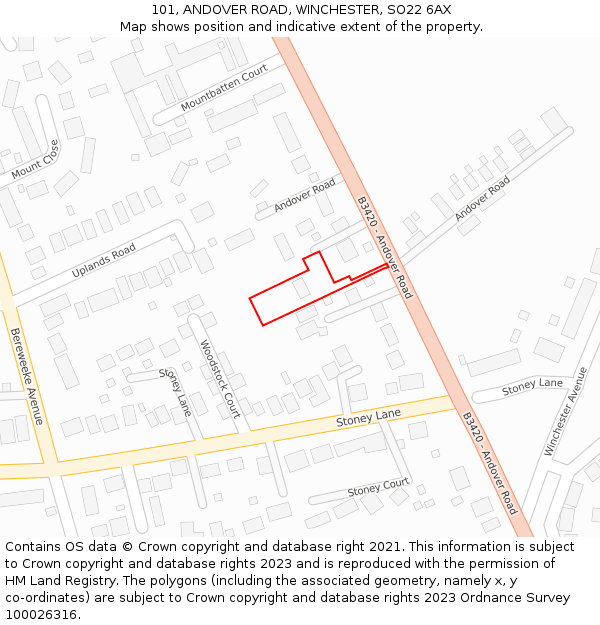 101, ANDOVER ROAD, WINCHESTER, SO22 6AX: Location map and indicative extent of plot