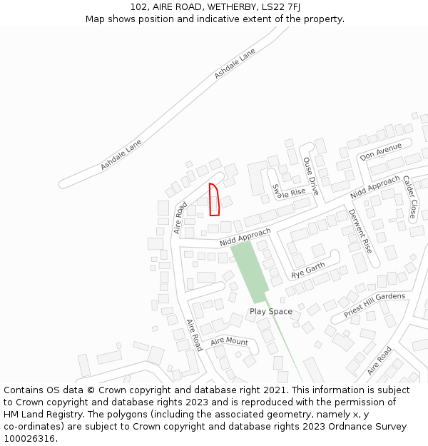 102, AIRE ROAD, WETHERBY, LS22 7FJ: Location map and indicative extent of plot