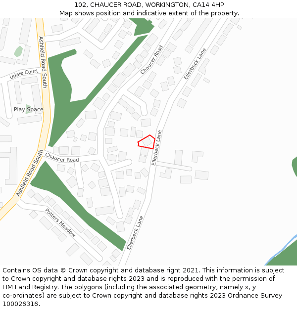 102, CHAUCER ROAD, WORKINGTON, CA14 4HP: Location map and indicative extent of plot