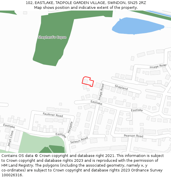 102, EASTLAKE, TADPOLE GARDEN VILLAGE, SWINDON, SN25 2RZ: Location map and indicative extent of plot