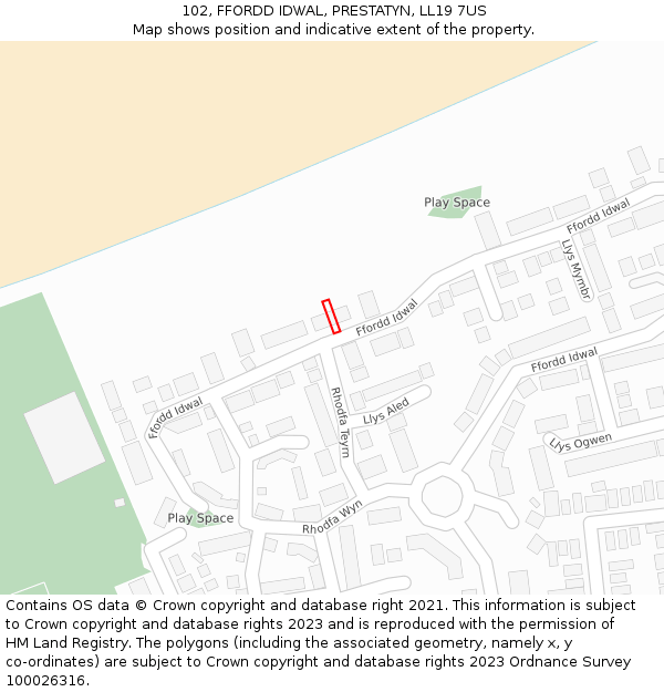 102, FFORDD IDWAL, PRESTATYN, LL19 7US: Location map and indicative extent of plot