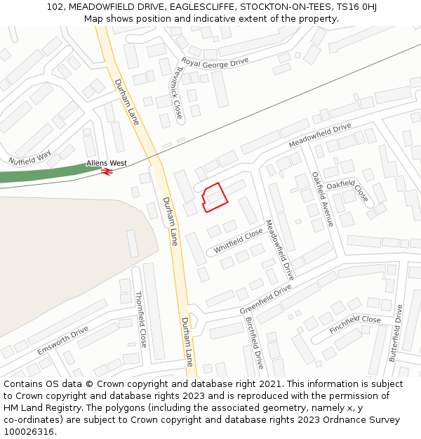102, MEADOWFIELD DRIVE, EAGLESCLIFFE, STOCKTON-ON-TEES, TS16 0HJ: Location map and indicative extent of plot