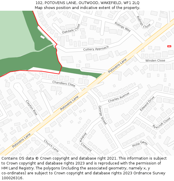 102, POTOVENS LANE, OUTWOOD, WAKEFIELD, WF1 2LQ: Location map and indicative extent of plot