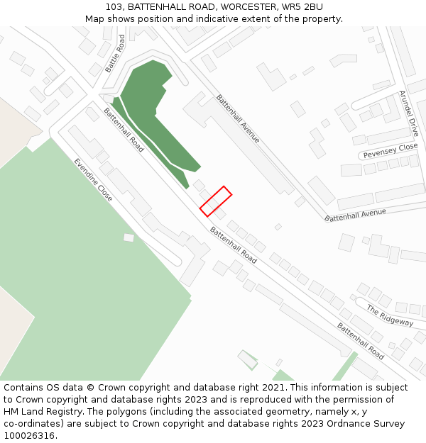 103, BATTENHALL ROAD, WORCESTER, WR5 2BU: Location map and indicative extent of plot