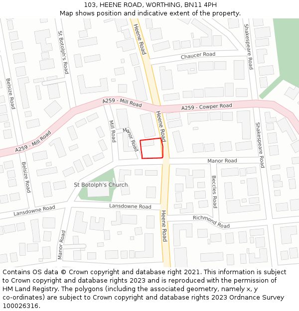 103, HEENE ROAD, WORTHING, BN11 4PH: Location map and indicative extent of plot