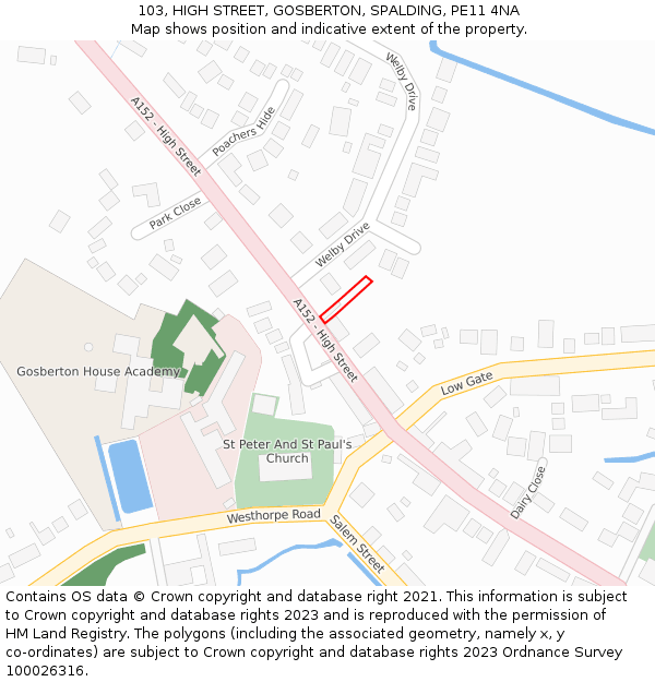 103, HIGH STREET, GOSBERTON, SPALDING, PE11 4NA: Location map and indicative extent of plot
