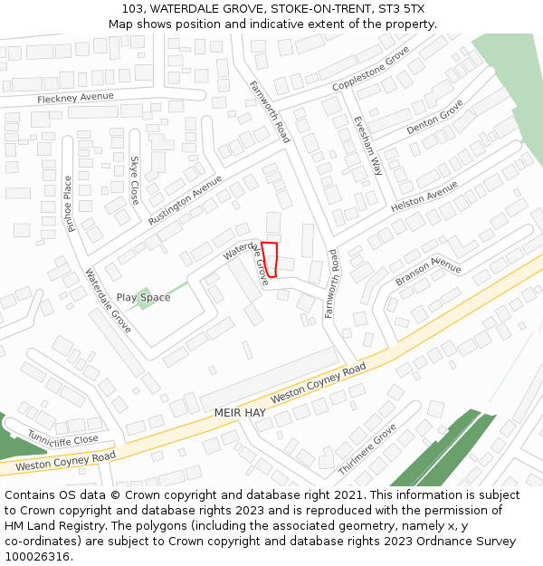 103, WATERDALE GROVE, STOKE-ON-TRENT, ST3 5TX: Location map and indicative extent of plot