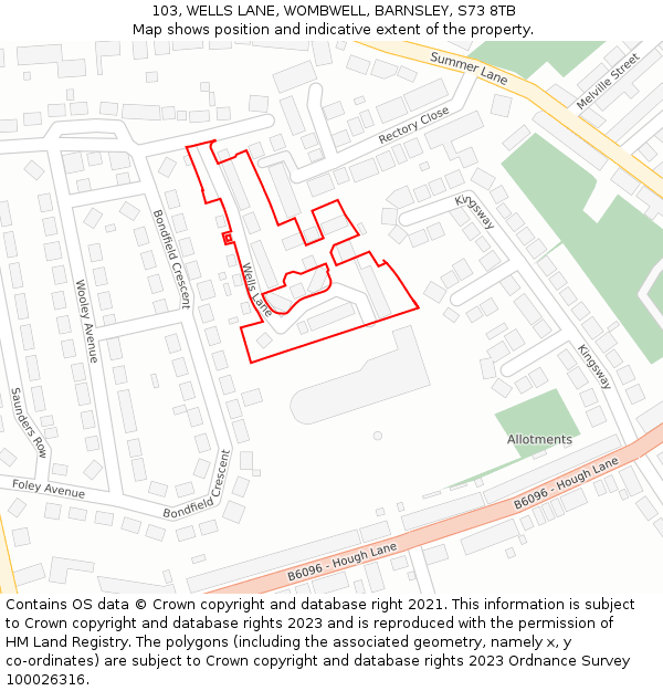 103, WELLS LANE, WOMBWELL, BARNSLEY, S73 8TB: Location map and indicative extent of plot