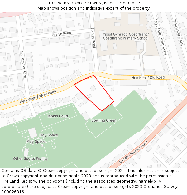 103, WERN ROAD, SKEWEN, NEATH, SA10 6DP: Location map and indicative extent of plot