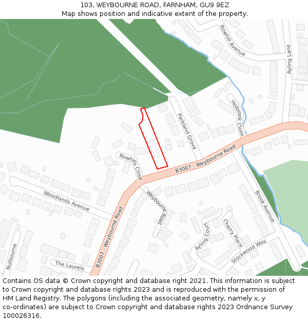 103, WEYBOURNE ROAD, FARNHAM, GU9 9EZ: Location map and indicative extent of plot