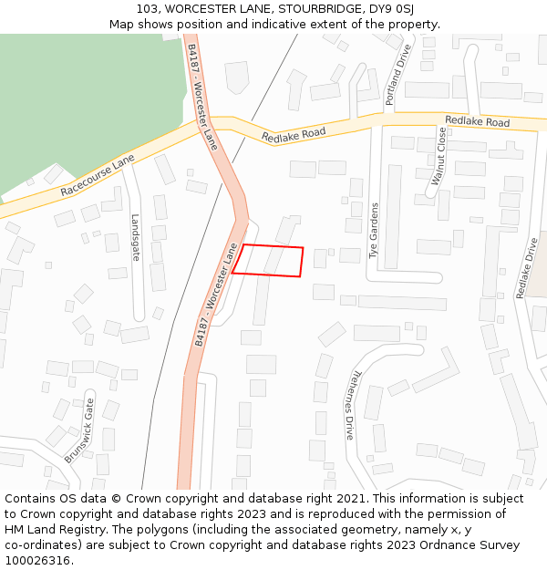 103, WORCESTER LANE, STOURBRIDGE, DY9 0SJ: Location map and indicative extent of plot