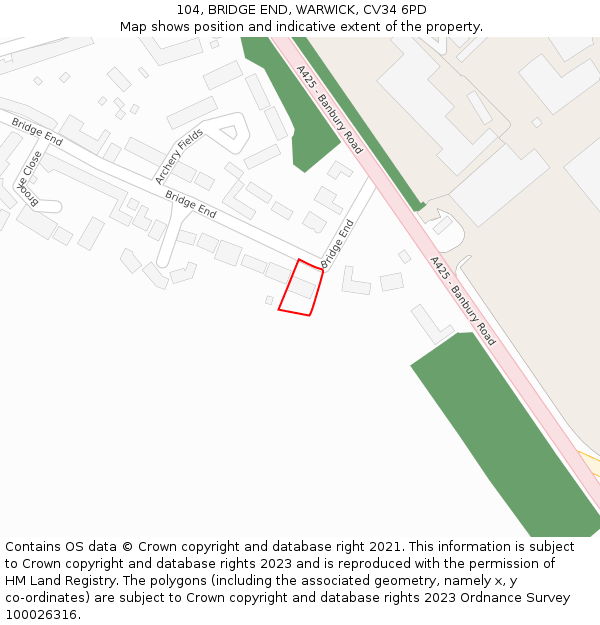 104, BRIDGE END, WARWICK, CV34 6PD: Location map and indicative extent of plot