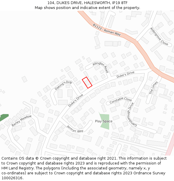 104, DUKES DRIVE, HALESWORTH, IP19 8TF: Location map and indicative extent of plot