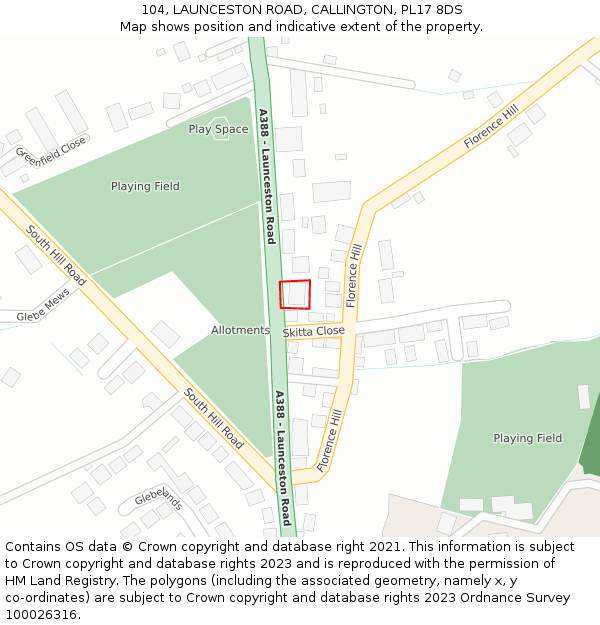104, LAUNCESTON ROAD, CALLINGTON, PL17 8DS: Location map and indicative extent of plot