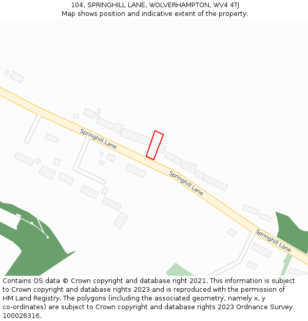 104, SPRINGHILL LANE, WOLVERHAMPTON, WV4 4TJ: Location map and indicative extent of plot