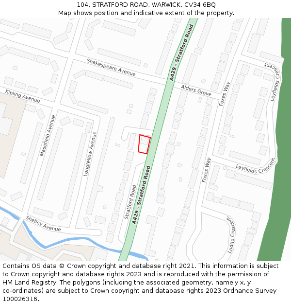 104, STRATFORD ROAD, WARWICK, CV34 6BQ: Location map and indicative extent of plot