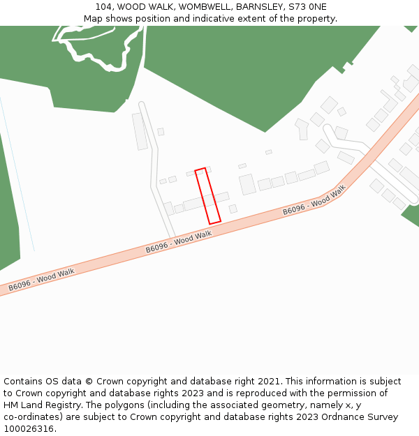 104, WOOD WALK, WOMBWELL, BARNSLEY, S73 0NE: Location map and indicative extent of plot