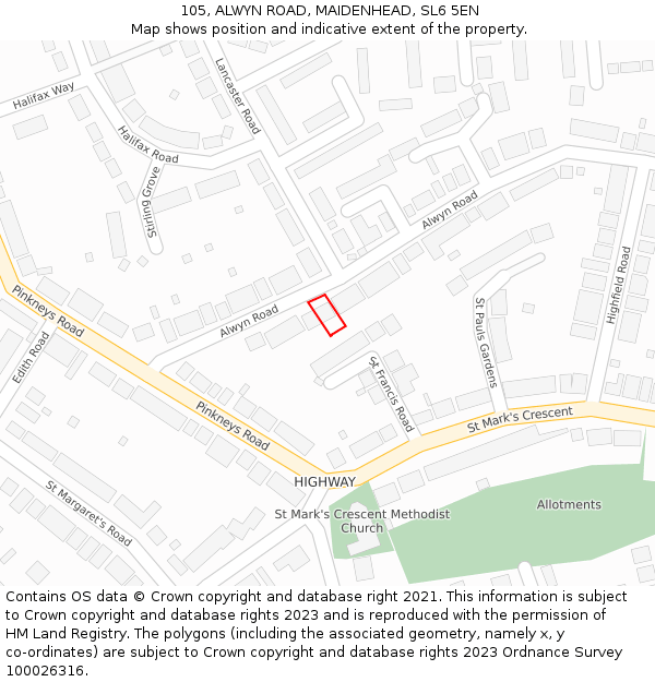 105, ALWYN ROAD, MAIDENHEAD, SL6 5EN: Location map and indicative extent of plot