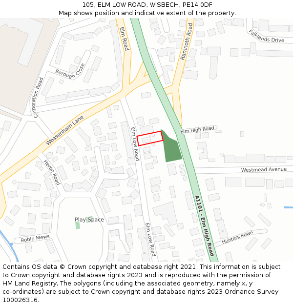 105, ELM LOW ROAD, WISBECH, PE14 0DF: Location map and indicative extent of plot