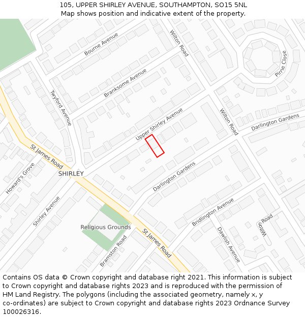 105, UPPER SHIRLEY AVENUE, SOUTHAMPTON, SO15 5NL: Location map and indicative extent of plot