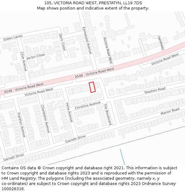 105, VICTORIA ROAD WEST, PRESTATYN, LL19 7DS: Location map and indicative extent of plot