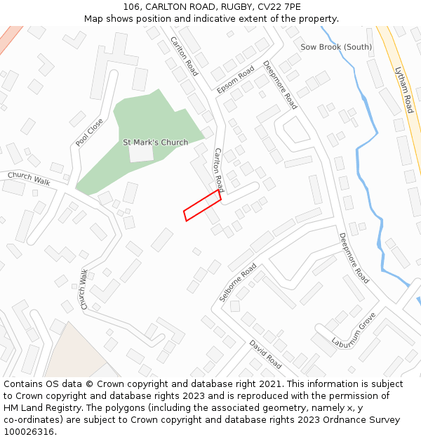 106, CARLTON ROAD, RUGBY, CV22 7PE: Location map and indicative extent of plot