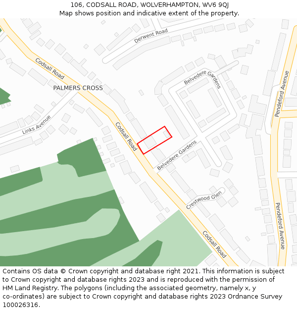 106, CODSALL ROAD, WOLVERHAMPTON, WV6 9QJ: Location map and indicative extent of plot