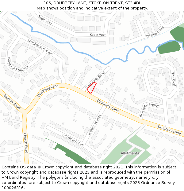 106, DRUBBERY LANE, STOKE-ON-TRENT, ST3 4BL: Location map and indicative extent of plot